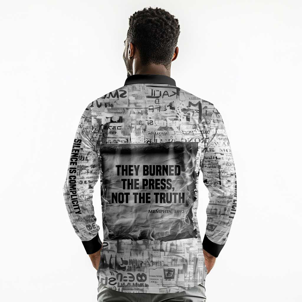 Ida B. Wells Long Sleeve Polo Shirt with Newspaper Collage Design Powerful Portrait Civil Rights and Free Press Tribute - Wonder Print Shop