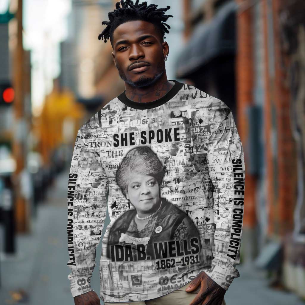 Ida B. Wells Long Sleeve Shirt with Newspaper Collage Design Powerful Portrait Civil Rights and Free Press Tribute - Wonder Print Shop