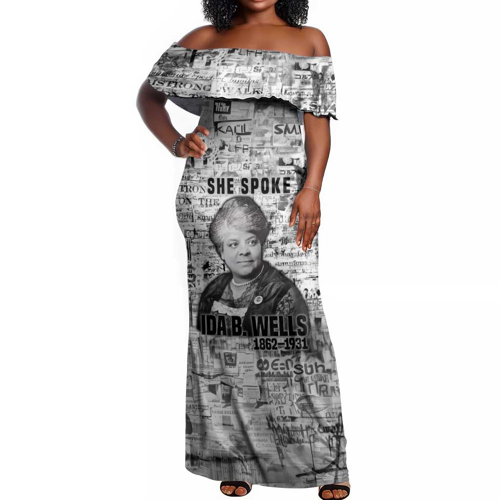 Ida B. Wells Off Shoulder Maxi Dress with Newspaper Collage Design Powerful Portrait Civil Rights and Free Press Tribute - Wonder Print Shop