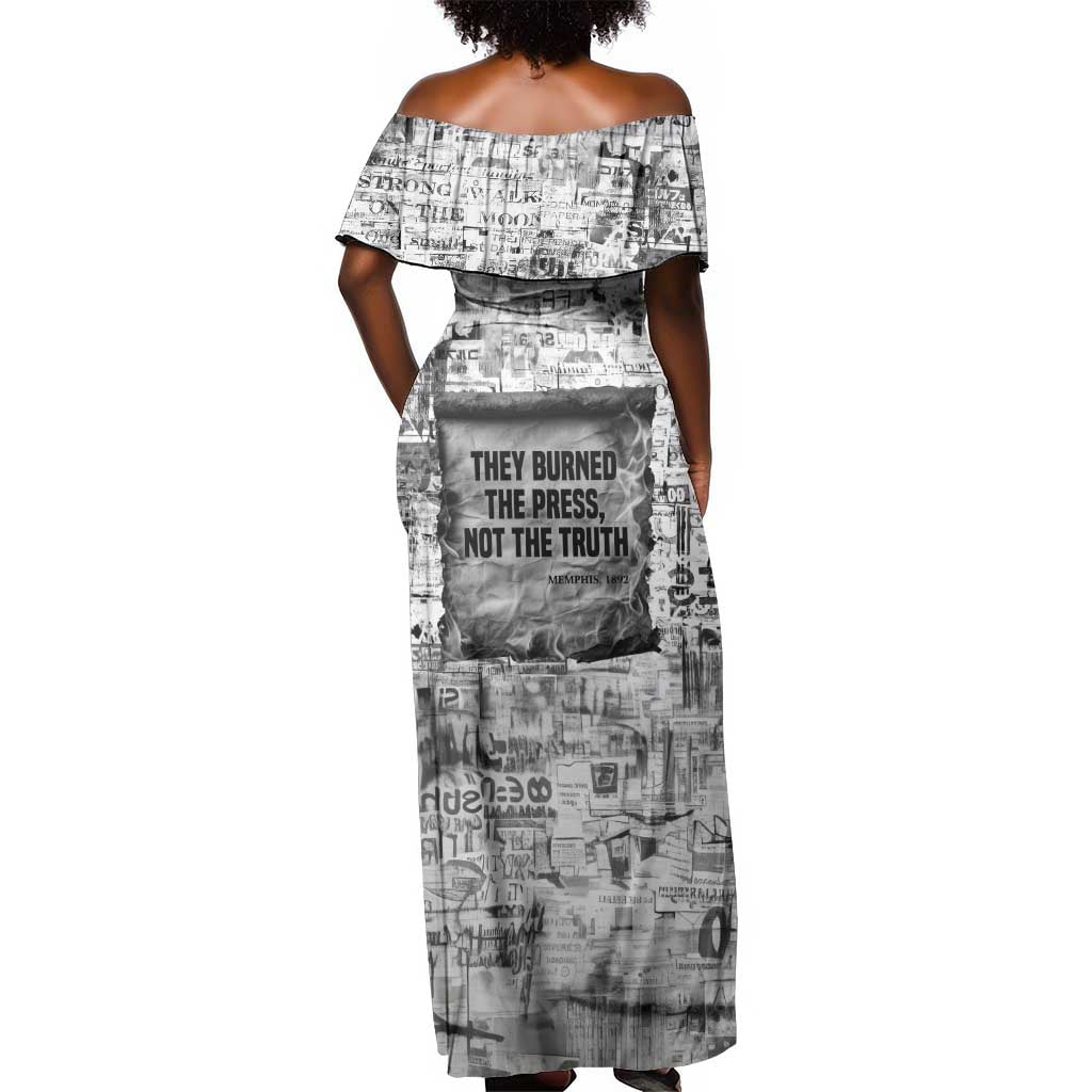 Ida B. Wells Off Shoulder Maxi Dress with Newspaper Collage Design Powerful Portrait Civil Rights and Free Press Tribute - Wonder Print Shop