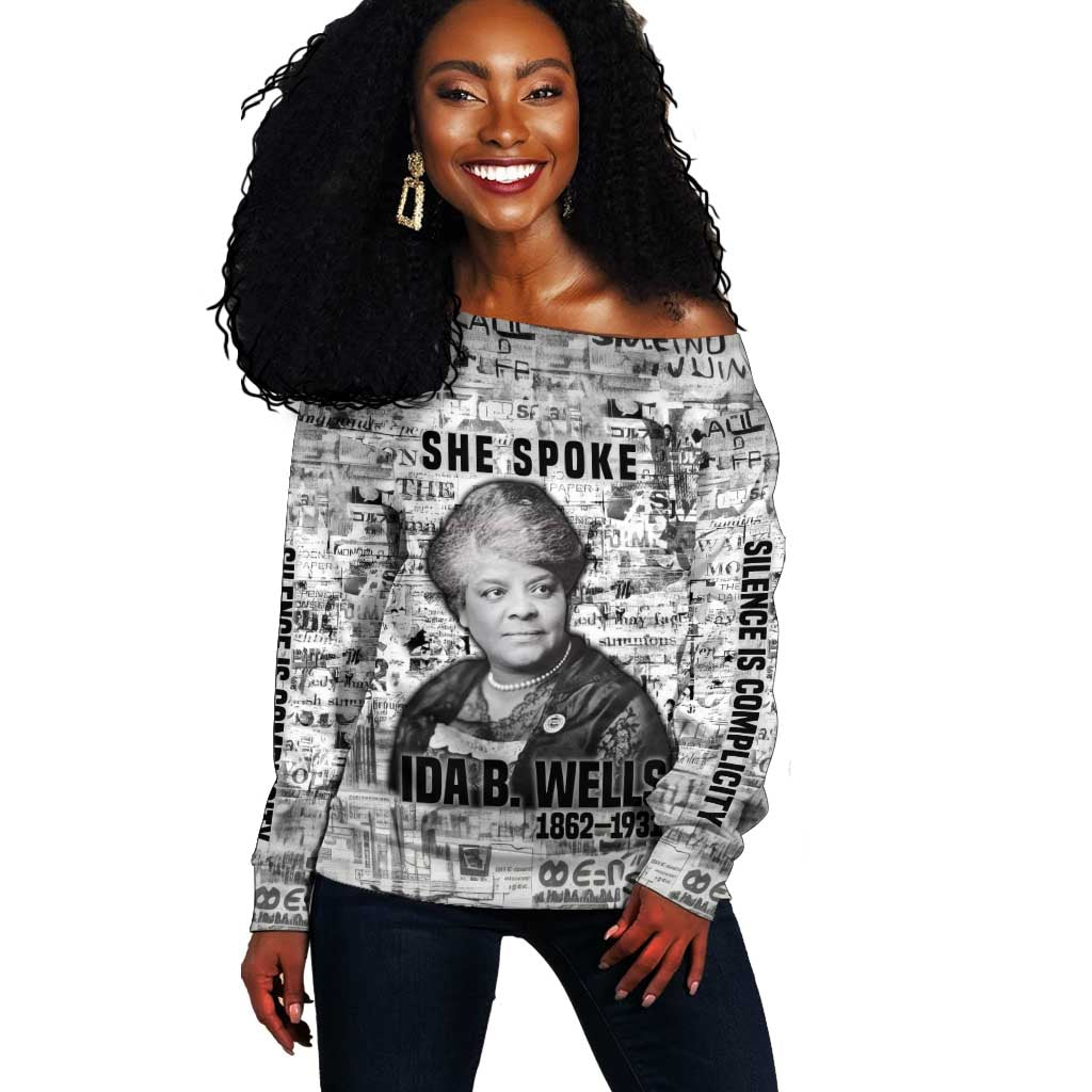 Ida B. Wells Off Shoulder Sweater with Newspaper Collage Design Powerful Portrait Civil Rights and Free Press Tribute - Wonder Print Shop