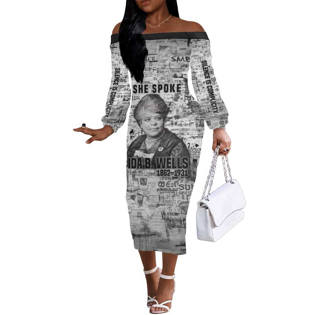 Ida B. Wells Off The Shoulder Long Sleeve Dress with Newspaper Collage Design Powerful Portrait Civil Rights and Free Press Tribute - Wonder Print Shop