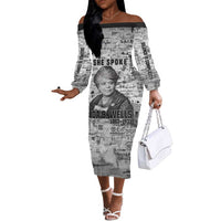 Ida B. Wells Off The Shoulder Long Sleeve Dress with Newspaper Collage Design Powerful Portrait Civil Rights and Free Press Tribute - Wonder Print Shop