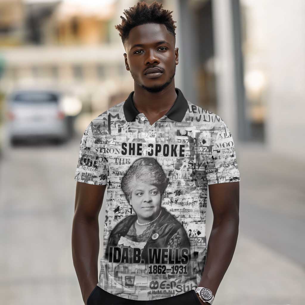 Ida B. Wells Polo Shirt with Newspaper Collage Design Powerful Portrait Civil Rights and Free Press Tribute - Wonder Print Shop