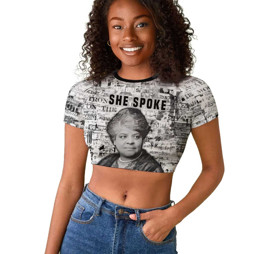 Ida B. Wells Raglan Cropped T shirt with Newspaper Collage Design Powerful Portrait Civil Rights and Free Press Tribute - Wonder Print Shop