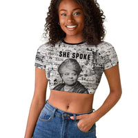 Ida B. Wells Raglan Cropped T shirt with Newspaper Collage Design Powerful Portrait Civil Rights and Free Press Tribute - Wonder Print Shop