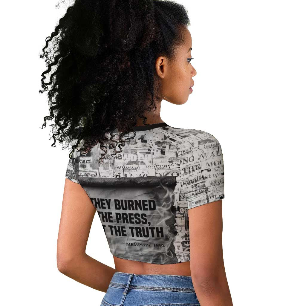 Ida B. Wells Raglan Cropped T shirt with Newspaper Collage Design Powerful Portrait Civil Rights and Free Press Tribute - Wonder Print Shop