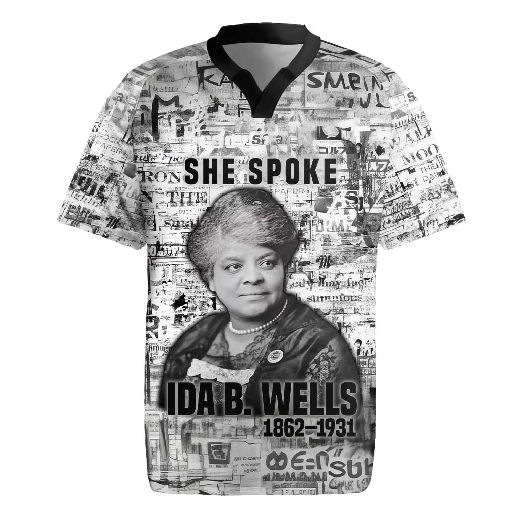 Ida B. Wells Rugby Jersey with Newspaper Collage Design Powerful Portrait Civil Rights and Free Press Tribute - Wonder Print Shop