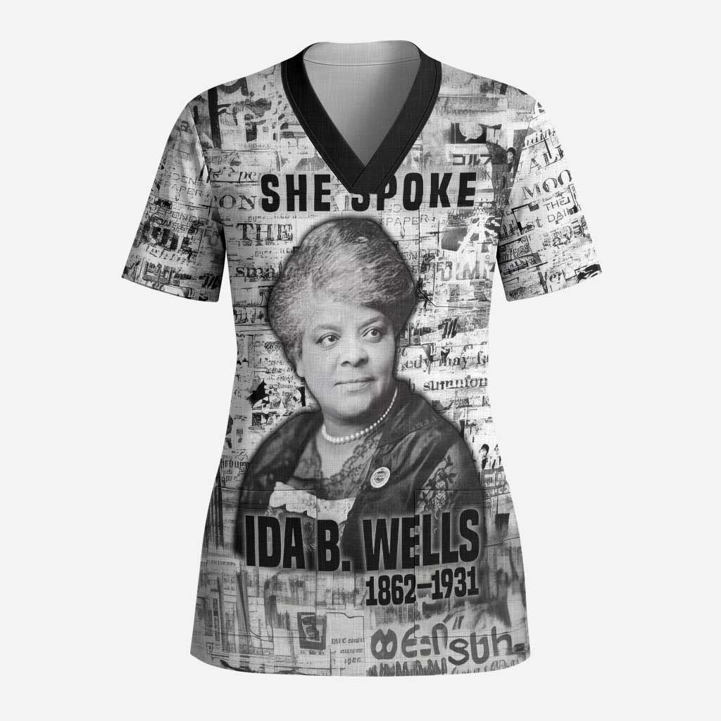 Ida B. Wells Scrub Top with Newspaper Collage Design Powerful Portrait Civil Rights and Free Press Tribute - Wonder Print Shop