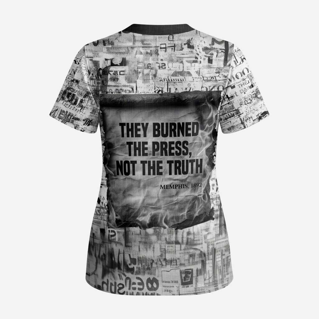 Ida B. Wells Scrub Top with Newspaper Collage Design Powerful Portrait Civil Rights and Free Press Tribute - Wonder Print Shop