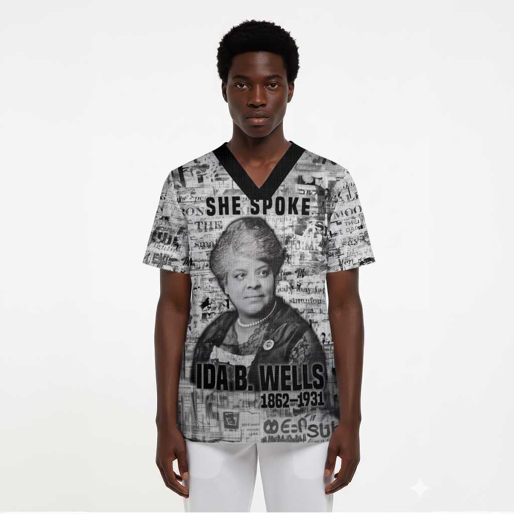 Ida B. Wells Scrub Top with Newspaper Collage Design Powerful Portrait Civil Rights and Free Press Tribute - Wonder Print Shop