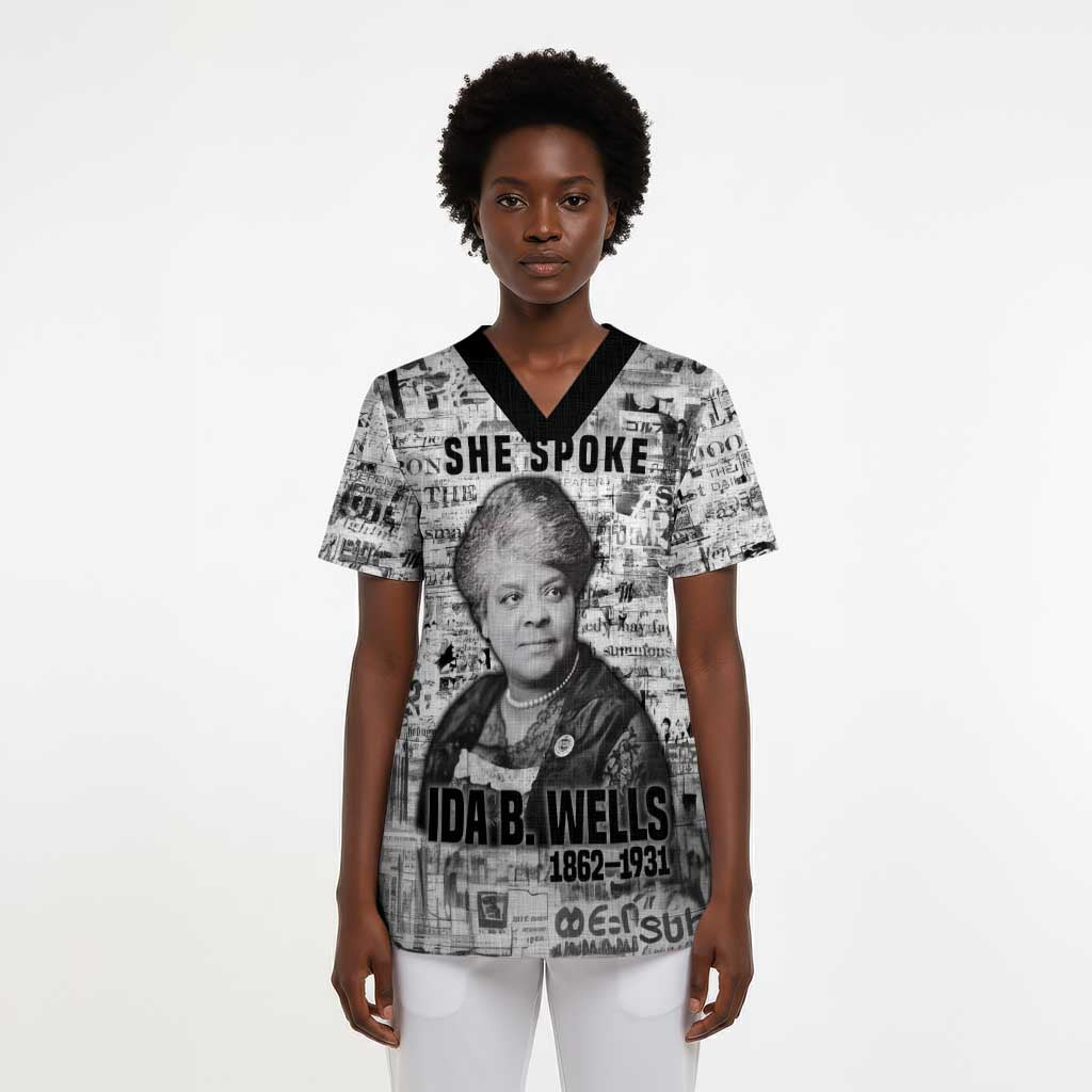 Ida B. Wells Scrub Top with Newspaper Collage Design Powerful Portrait Civil Rights and Free Press Tribute - Wonder Print Shop