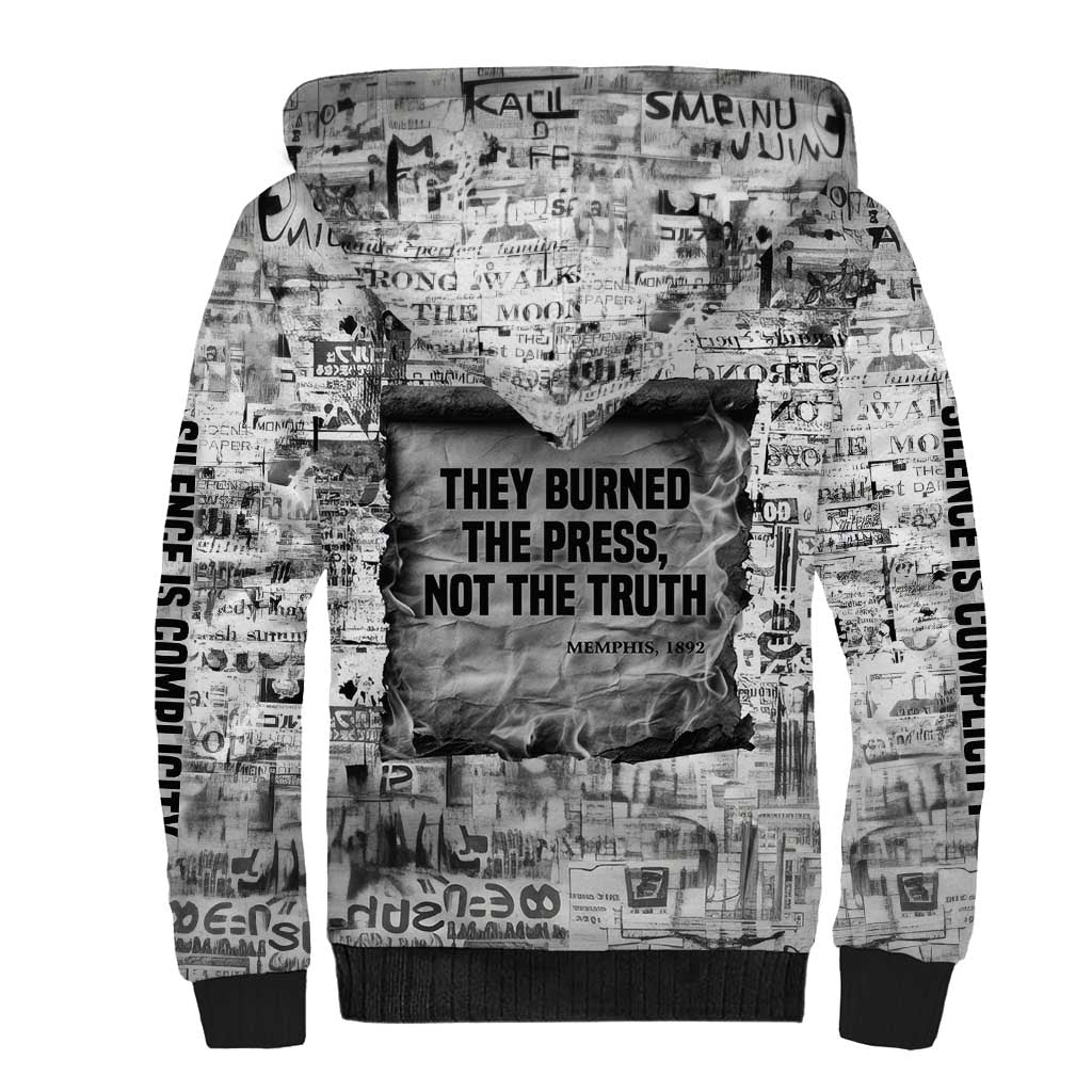 Ida B. Wells Sherpa Hoodie with Newspaper Collage Design Powerful Portrait Civil Rights and Free Press Tribute - Wonder Print Shop