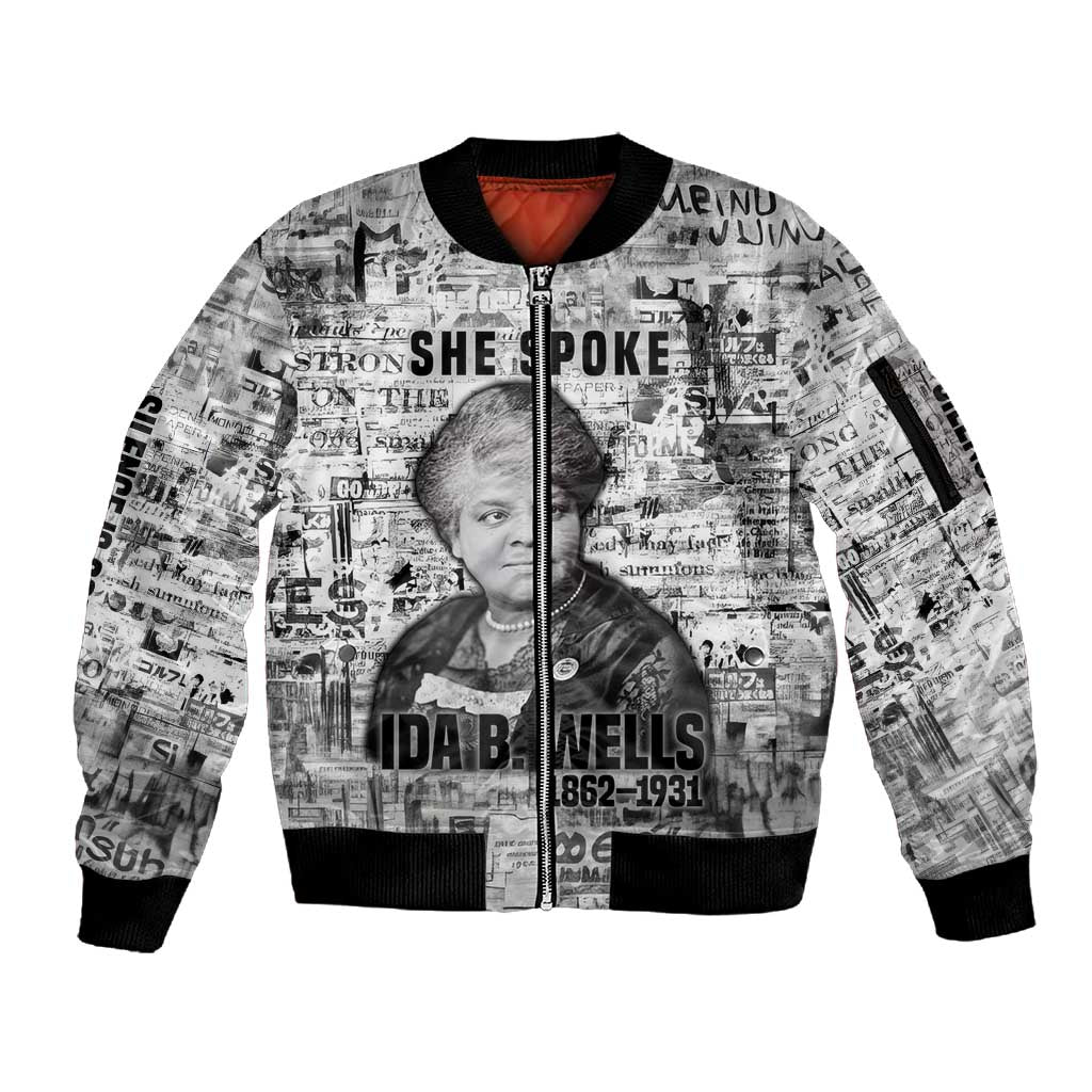Ida B. Wells Sleeve Zip Bomber Jacket with Newspaper Collage Design Powerful Portrait Civil Rights and Free Press Tribute - Wonder Print Shop