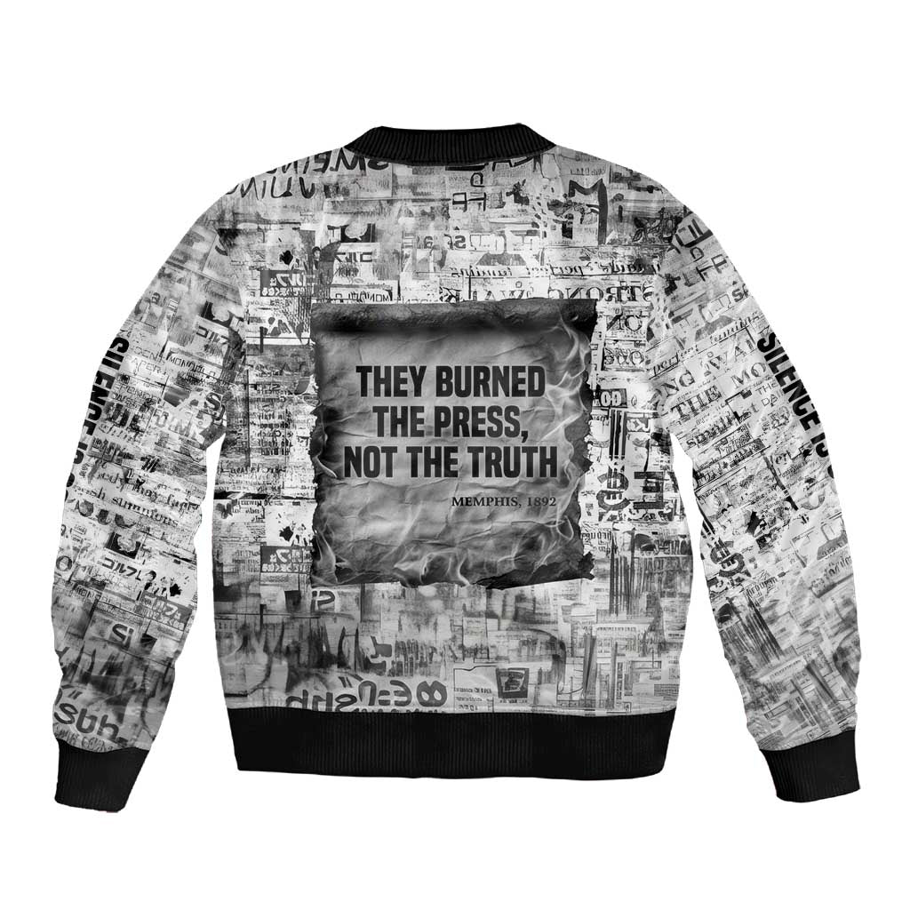 Ida B. Wells Sleeve Zip Bomber Jacket with Newspaper Collage Design Powerful Portrait Civil Rights and Free Press Tribute - Wonder Print Shop