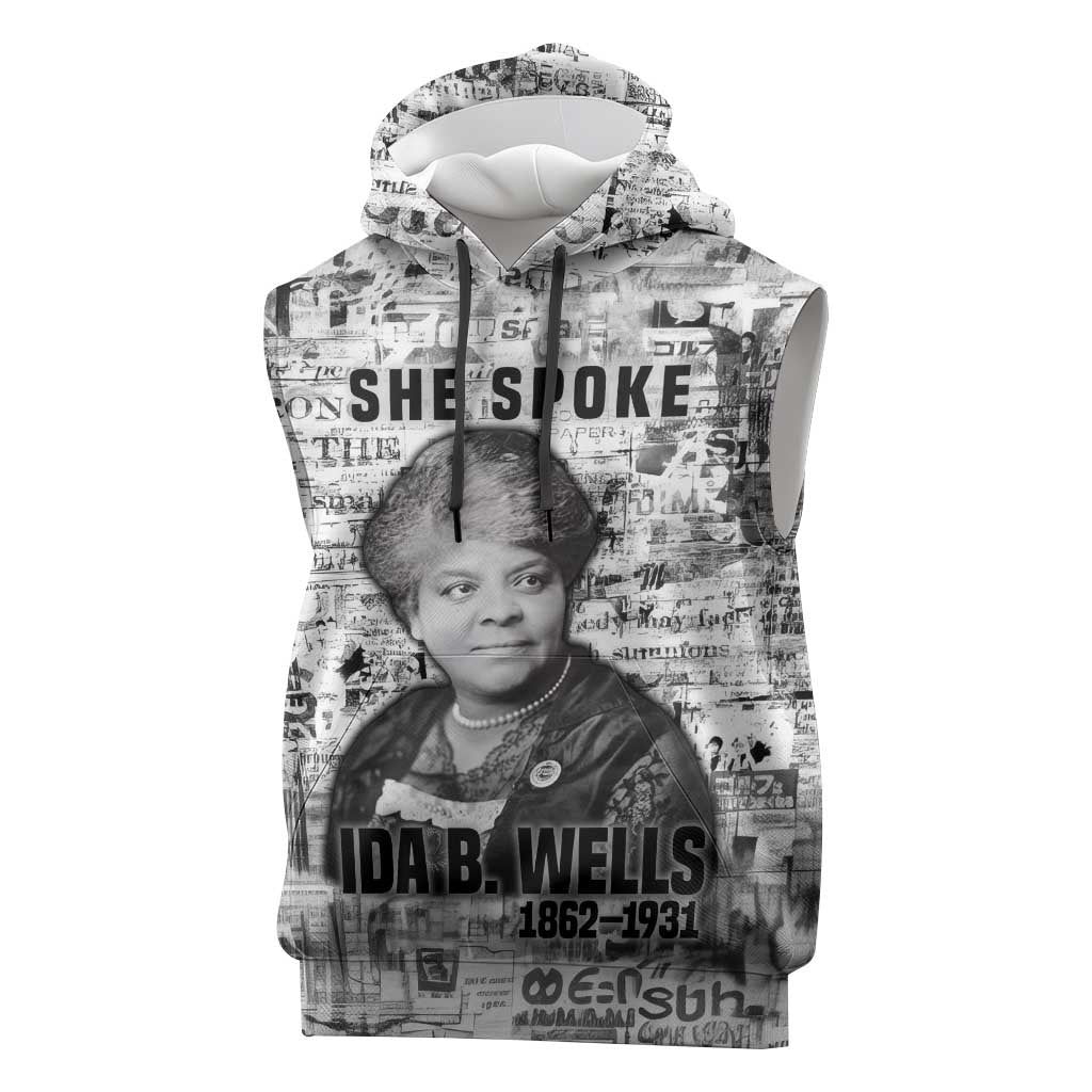 Ida B. Wells Sleeveless Hoodie with Newspaper Collage Design Powerful Portrait Civil Rights and Free Press Tribute - Wonder Print Shop