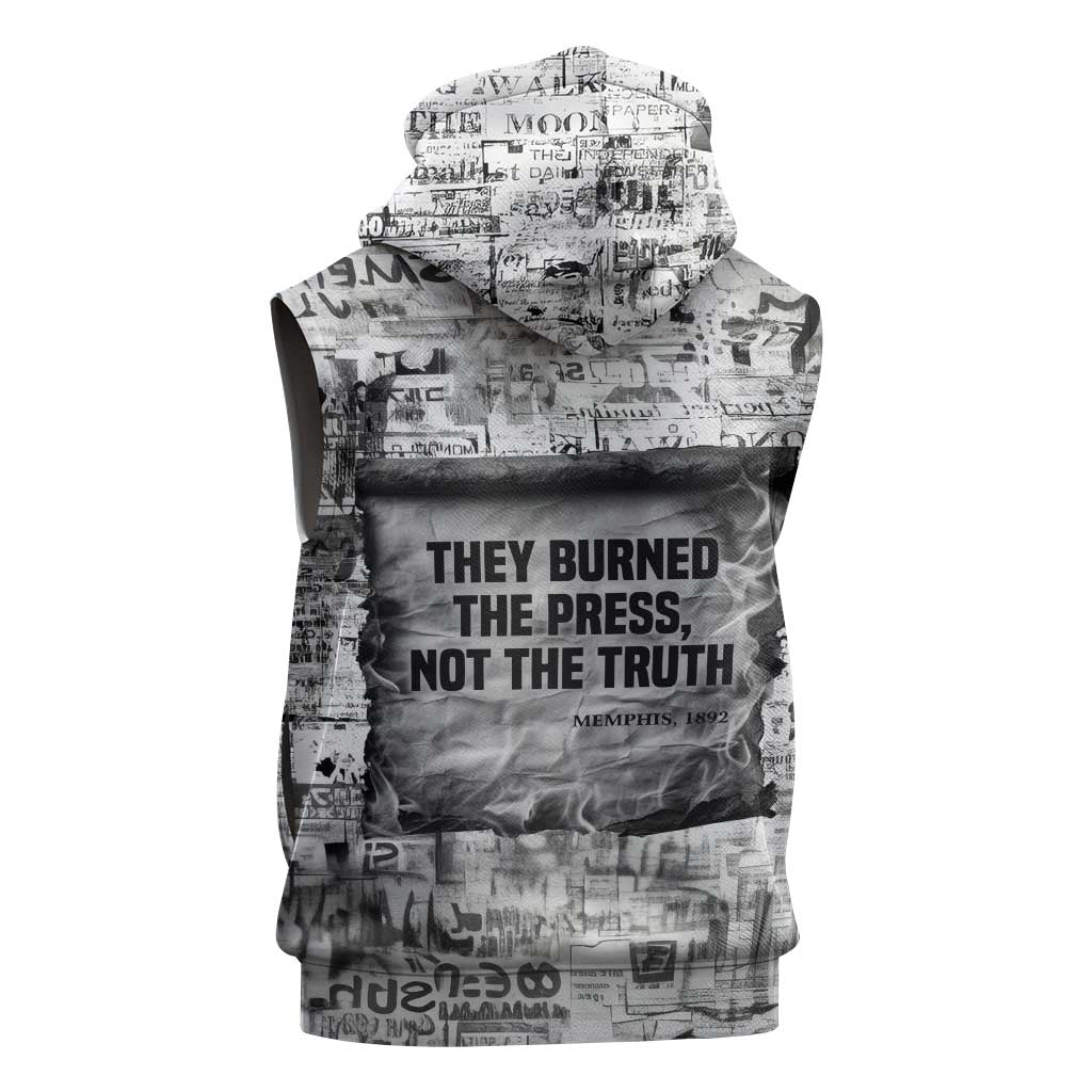Ida B. Wells Sleeveless Hoodie with Newspaper Collage Design Powerful Portrait Civil Rights and Free Press Tribute - Wonder Print Shop