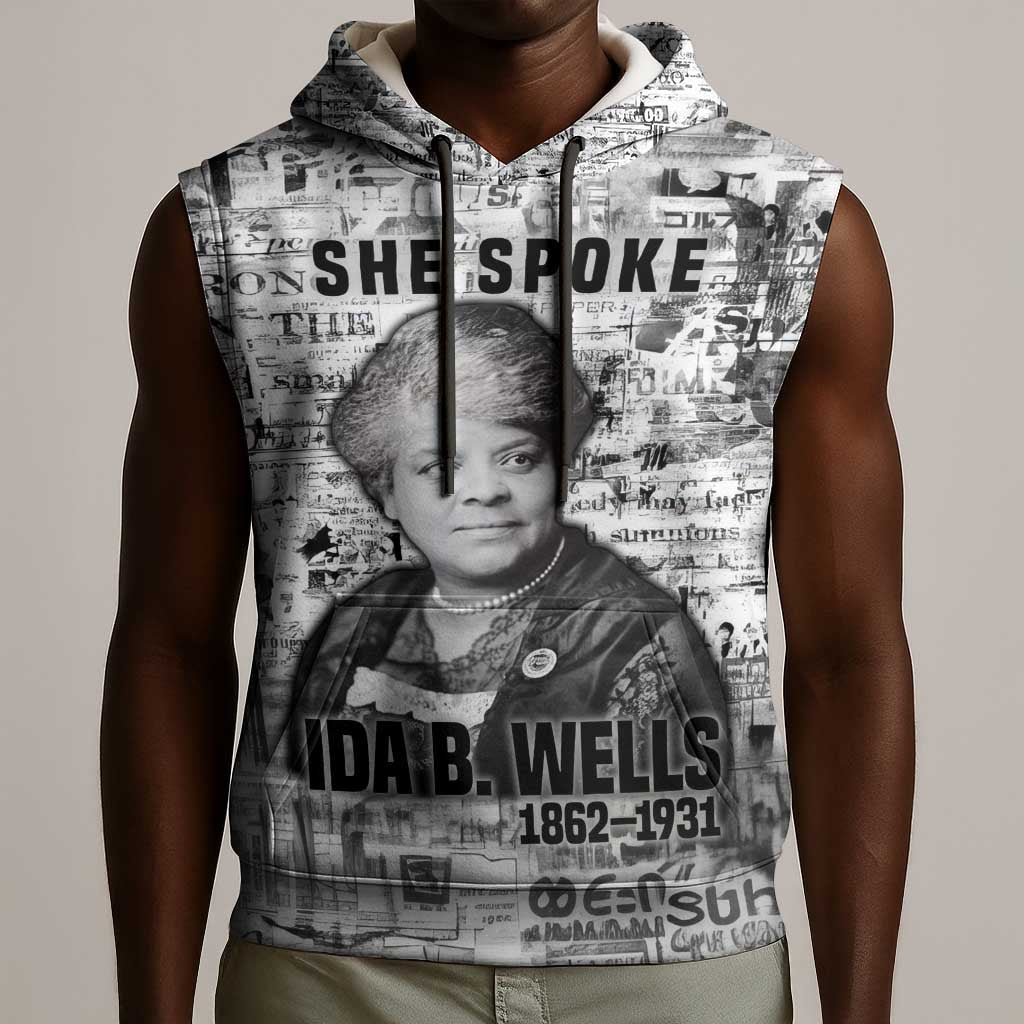 Ida B. Wells Sleeveless Hoodie with Newspaper Collage Design Powerful Portrait Civil Rights and Free Press Tribute - Wonder Print Shop