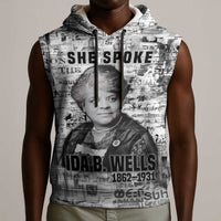 Ida B. Wells Sleeveless Hoodie with Newspaper Collage Design Powerful Portrait Civil Rights and Free Press Tribute - Wonder Print Shop