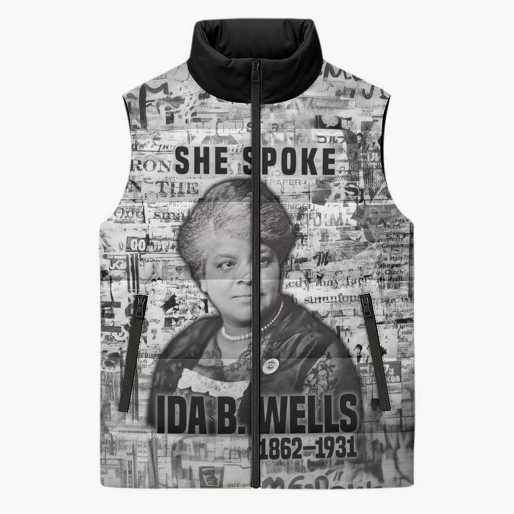Ida B. Wells Sleeveless Puffer Jacket with Newspaper Collage Design Powerful Portrait Civil Rights and Free Press Tribute - Wonder Print Shop