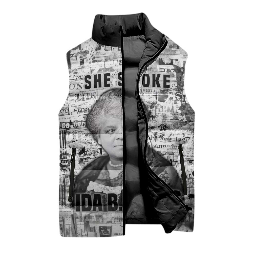 Ida B. Wells Sleeveless Puffer Jacket with Newspaper Collage Design Powerful Portrait Civil Rights and Free Press Tribute - Wonder Print Shop