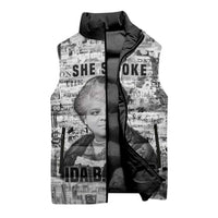 Ida B. Wells Sleeveless Puffer Jacket with Newspaper Collage Design Powerful Portrait Civil Rights and Free Press Tribute - Wonder Print Shop