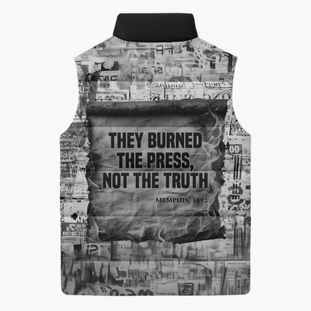 Ida B. Wells Sleeveless Puffer Jacket with Newspaper Collage Design Powerful Portrait Civil Rights and Free Press Tribute - Wonder Print Shop