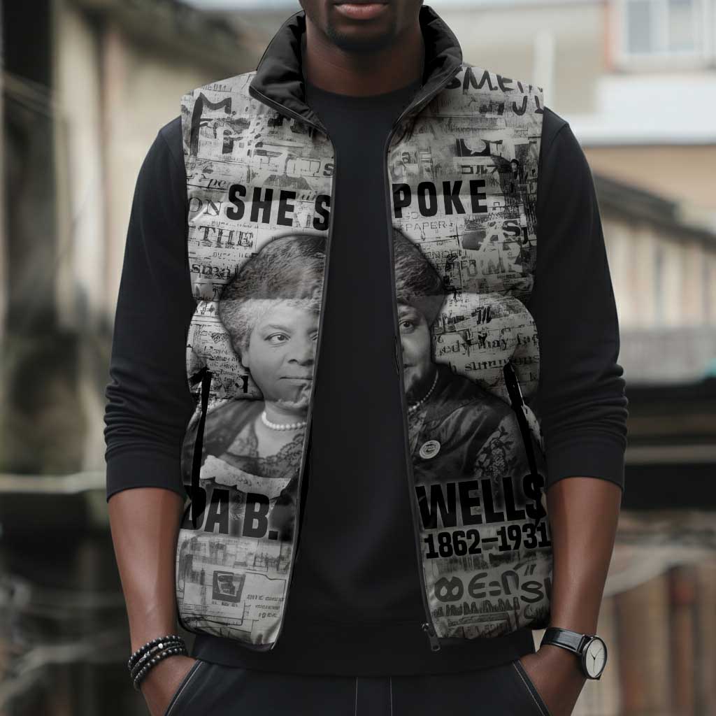 Ida B. Wells Sleeveless Puffer Jacket with Newspaper Collage Design Powerful Portrait Civil Rights and Free Press Tribute - Wonder Print Shop