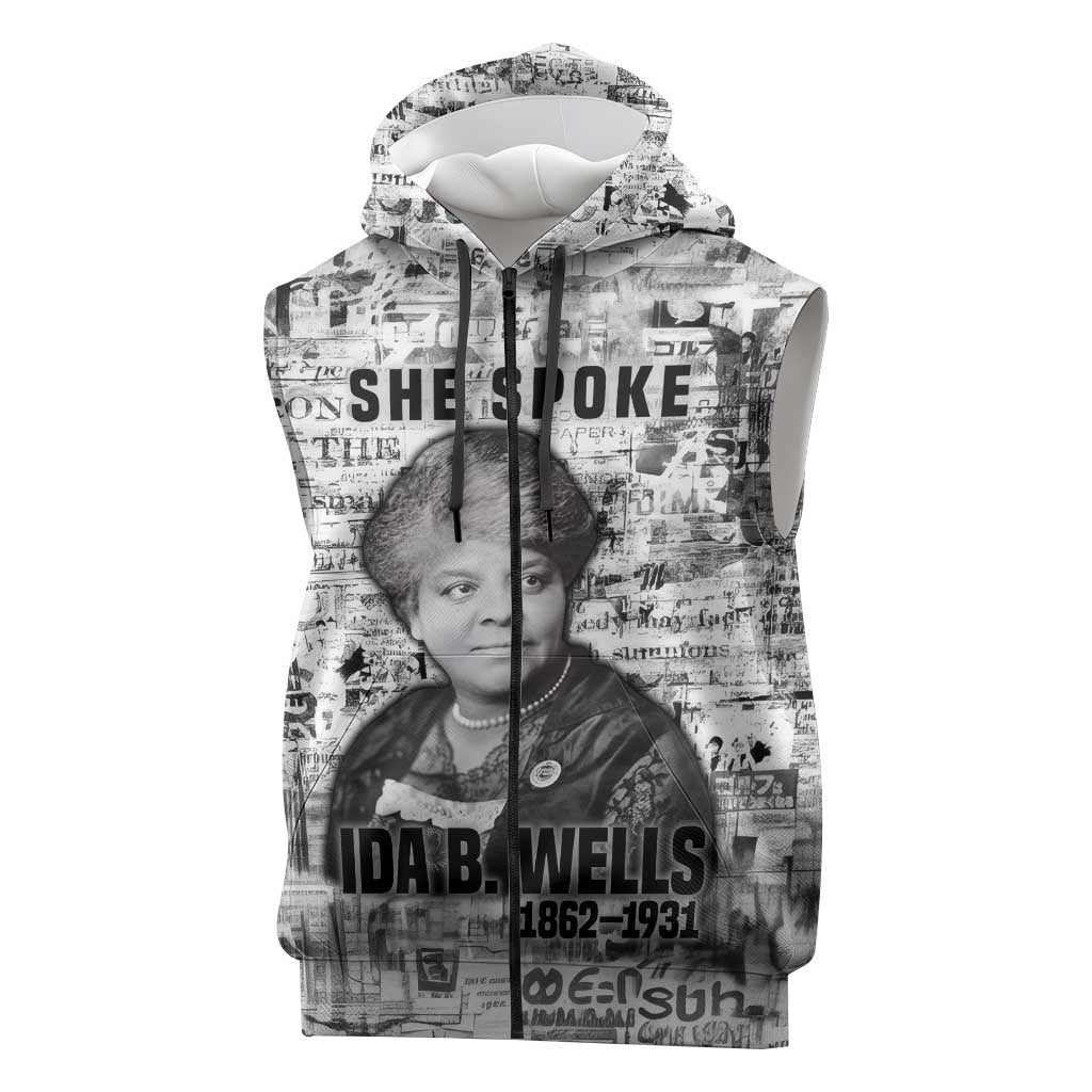 Ida B. Wells Sleeveless Zip Hoodie with Newspaper Collage Design Powerful Portrait Civil Rights and Free Press Tribute - Wonder Print Shop