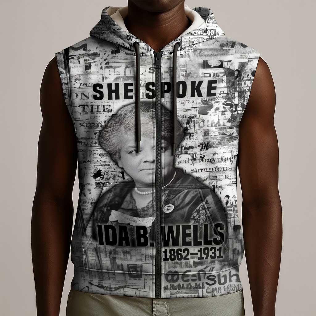 Ida B. Wells Sleeveless Zip Hoodie with Newspaper Collage Design Powerful Portrait Civil Rights and Free Press Tribute - Wonder Print Shop