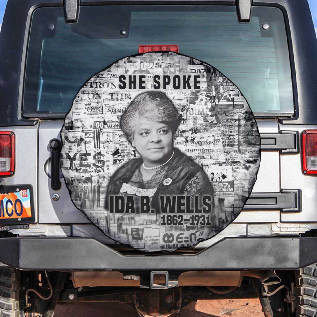 Ida B. Wells Spare Tire Cover with Newspaper Collage Design Powerful Portrait Civil Rights and Free Press Tribute - Wonder Print Shop