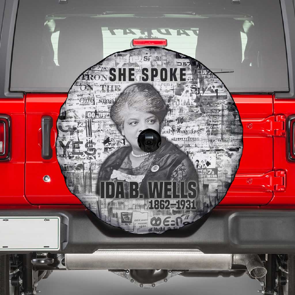 Ida B. Wells Spare Tire Cover with Newspaper Collage Design Powerful Portrait Civil Rights and Free Press Tribute - Wonder Print Shop