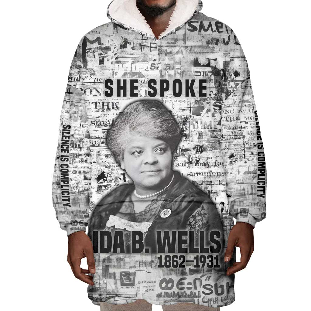 Ida B. Wells Wearable Blanket Hoodie with Newspaper Collage Design Powerful Portrait Civil Rights and Free Press Tribute - Wonder Print Shop