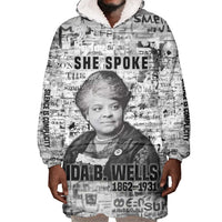 Ida B. Wells Wearable Blanket Hoodie with Newspaper Collage Design Powerful Portrait Civil Rights and Free Press Tribute - Wonder Print Shop