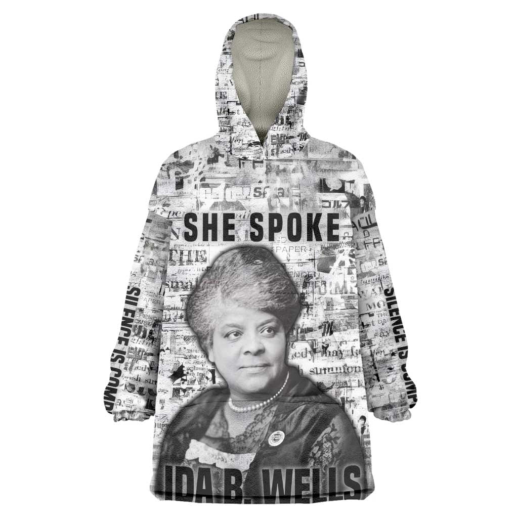 Ida B. Wells Wearable Blanket Hoodie with Newspaper Collage Design Powerful Portrait Civil Rights and Free Press Tribute - Wonder Print Shop