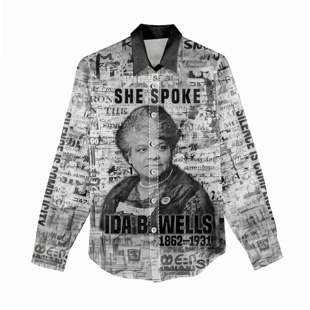 Ida B. Wells Women Casual Shirt with Newspaper Collage Design Powerful Portrait Civil Rights and Free Press Tribute - Wonder Print Shop