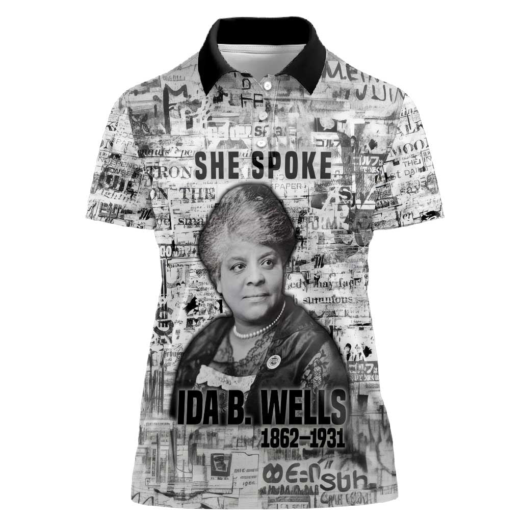 Ida B. Wells Women Polo Shirt with Newspaper Collage Design Powerful Portrait Civil Rights and Free Press Tribute - Wonder Print Shop