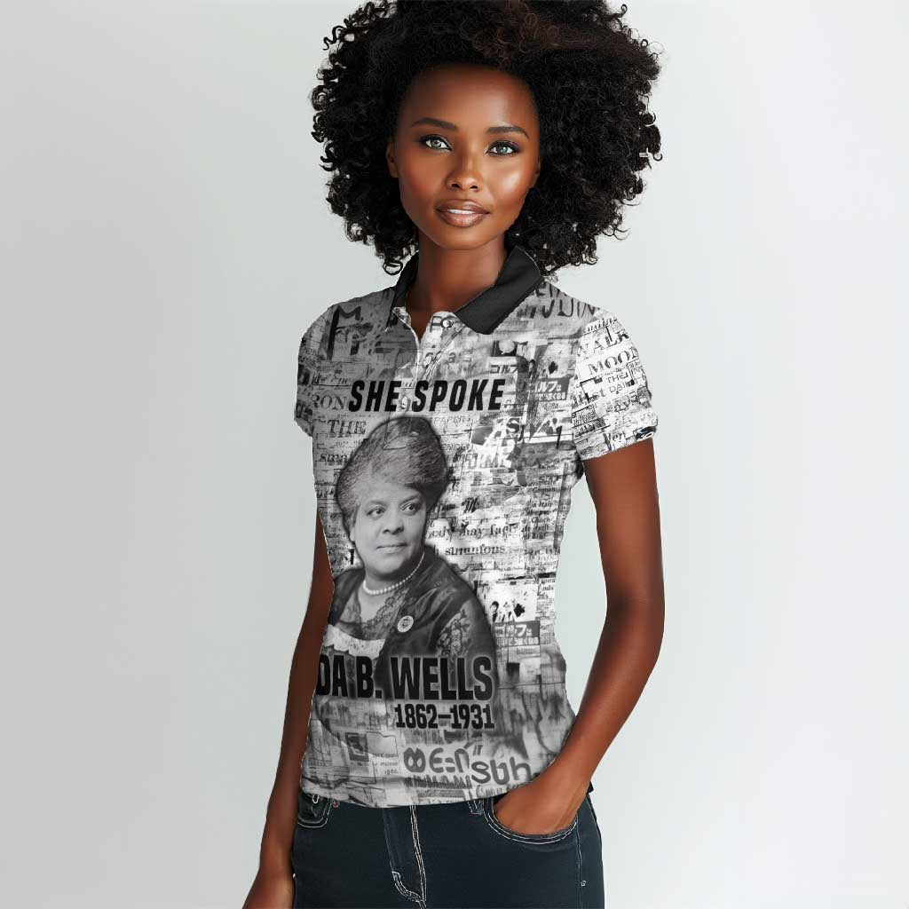 Ida B. Wells Women Polo Shirt with Newspaper Collage Design Powerful Portrait Civil Rights and Free Press Tribute - Wonder Print Shop