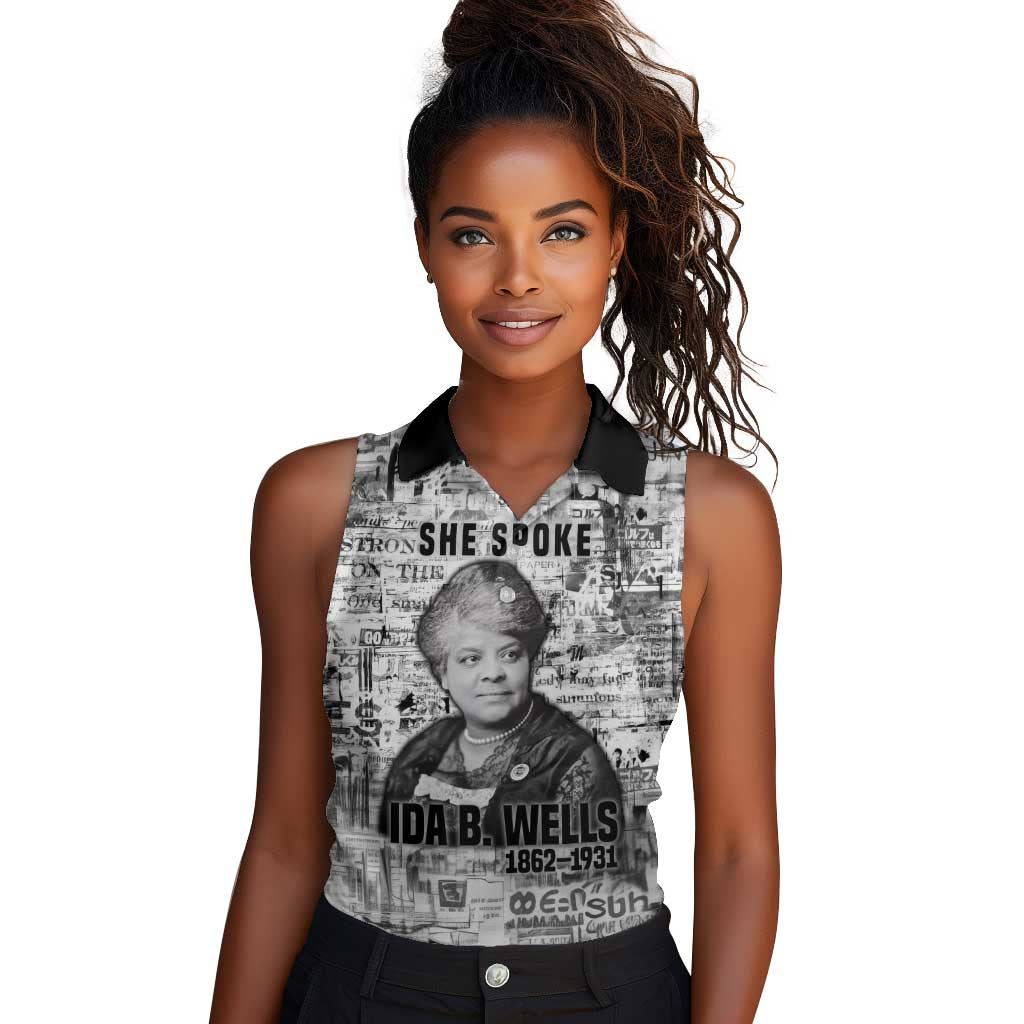 Ida B. Wells Women Sleeveless Polo Shirt with Newspaper Collage Design Powerful Portrait Civil Rights and Free Press Tribute - Wonder Print Shop