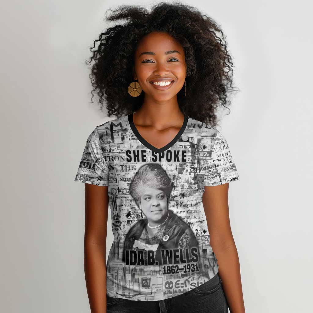Ida B. Wells Women V-Neck T-Shirt with Newspaper Collage Design Powerful Portrait Civil Rights and Free Press Tribute - Wonder Print Shop