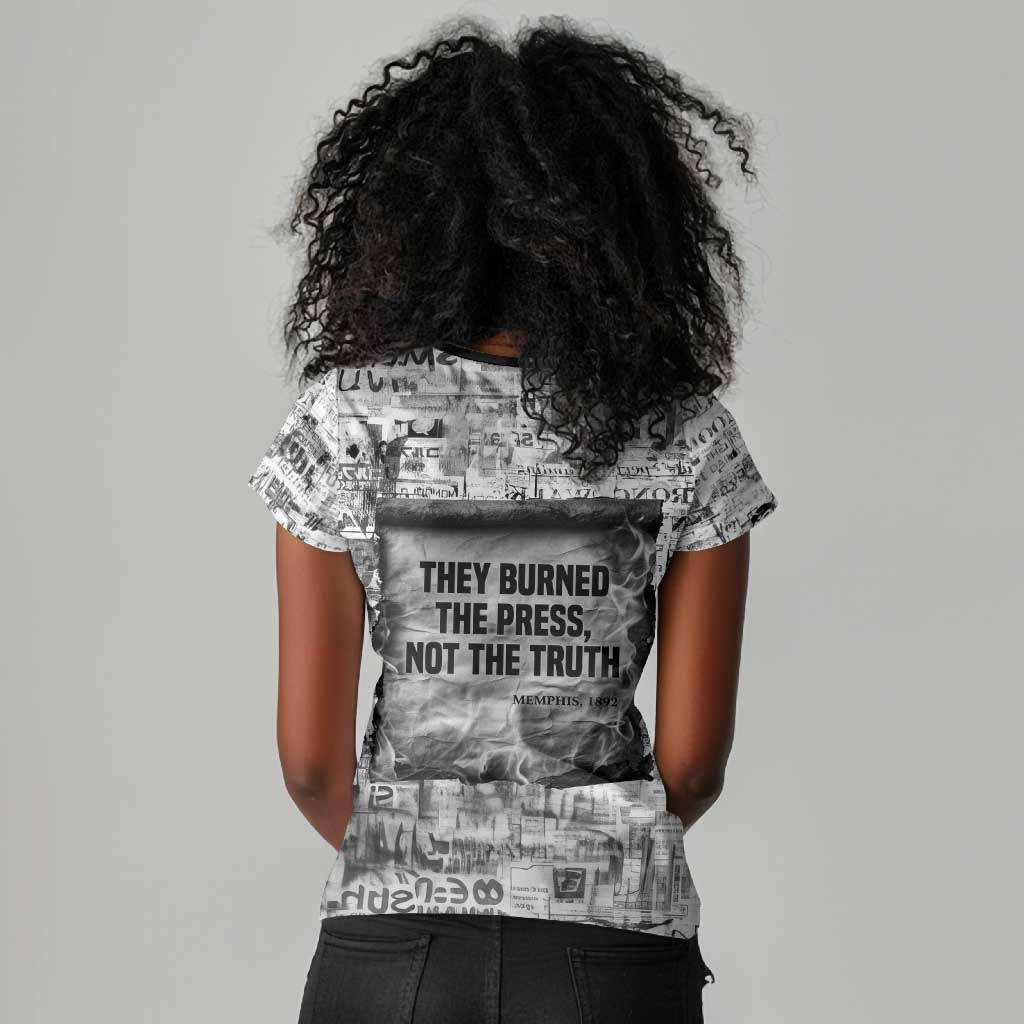 Ida B. Wells Women V-Neck T-Shirt with Newspaper Collage Design Powerful Portrait Civil Rights and Free Press Tribute - Wonder Print Shop