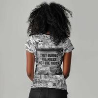 Ida B. Wells Women V-Neck T-Shirt with Newspaper Collage Design Powerful Portrait Civil Rights and Free Press Tribute - Wonder Print Shop