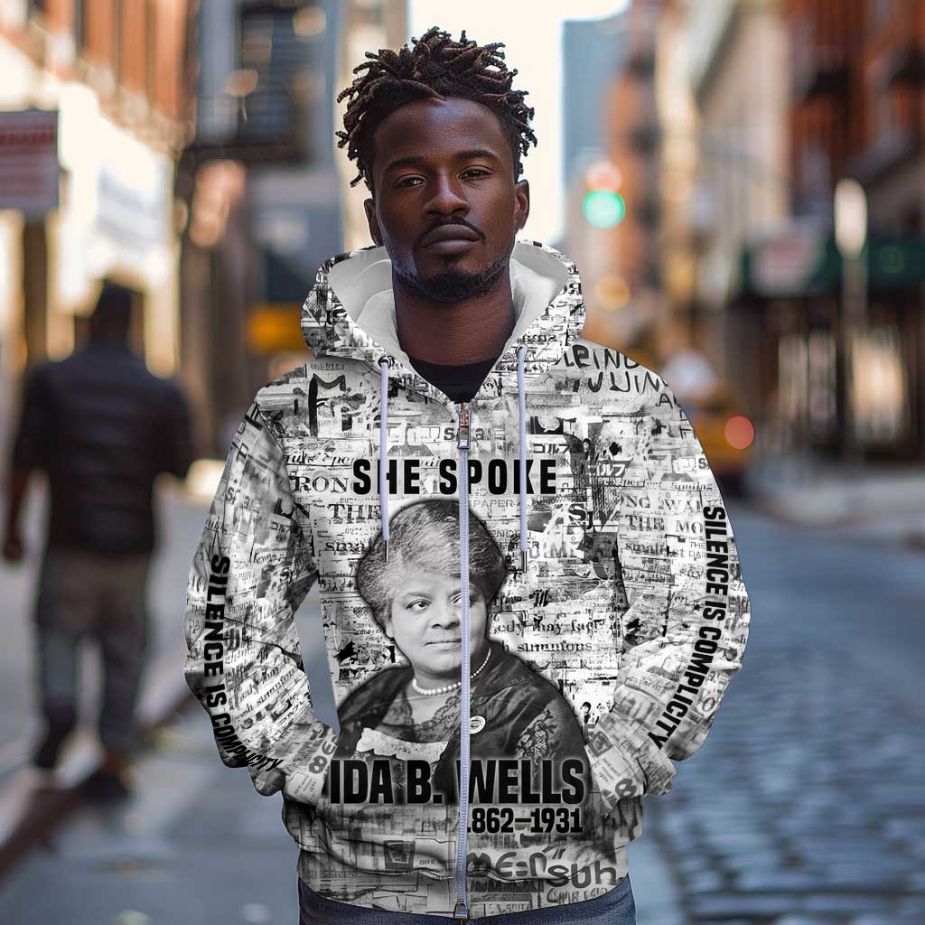 Ida B. Wells Zip Hoodie with Newspaper Collage Design Powerful Portrait Civil Rights and Free Press Tribute - Wonder Print Shop