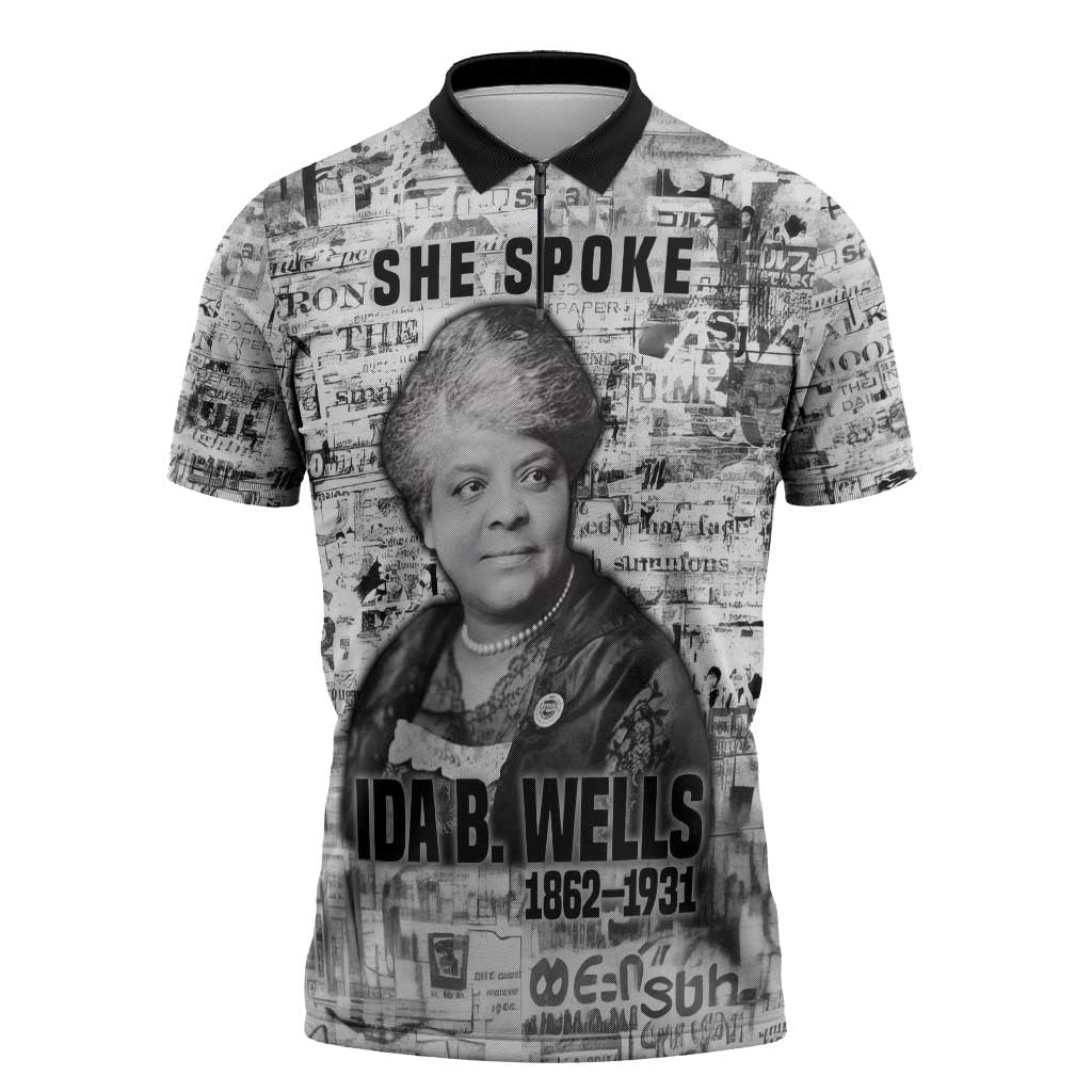 Ida B. Wells Zipper Polo Shirt with Newspaper Collage Design Powerful Portrait Civil Rights and Free Press Tribute - Wonder Print Shop