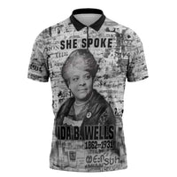 Ida B. Wells Zipper Polo Shirt with Newspaper Collage Design Powerful Portrait Civil Rights and Free Press Tribute - Wonder Print Shop
