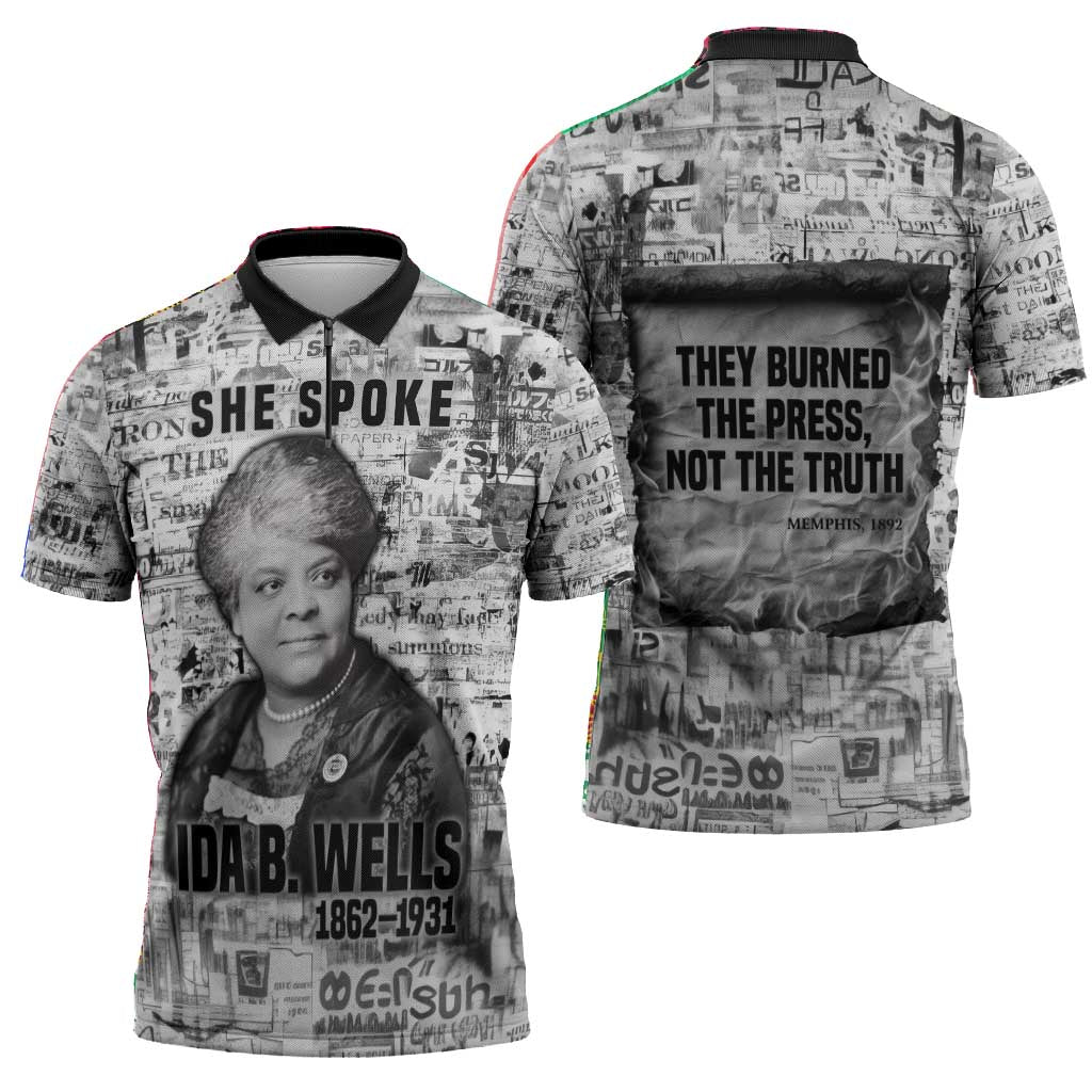 Ida B. Wells Zipper Polo Shirt with Newspaper Collage Design Powerful Portrait Civil Rights and Free Press Tribute - Wonder Print Shop