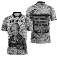 Ida B. Wells Zipper Polo Shirt with Newspaper Collage Design Powerful Portrait Civil Rights and Free Press Tribute - Wonder Print Shop