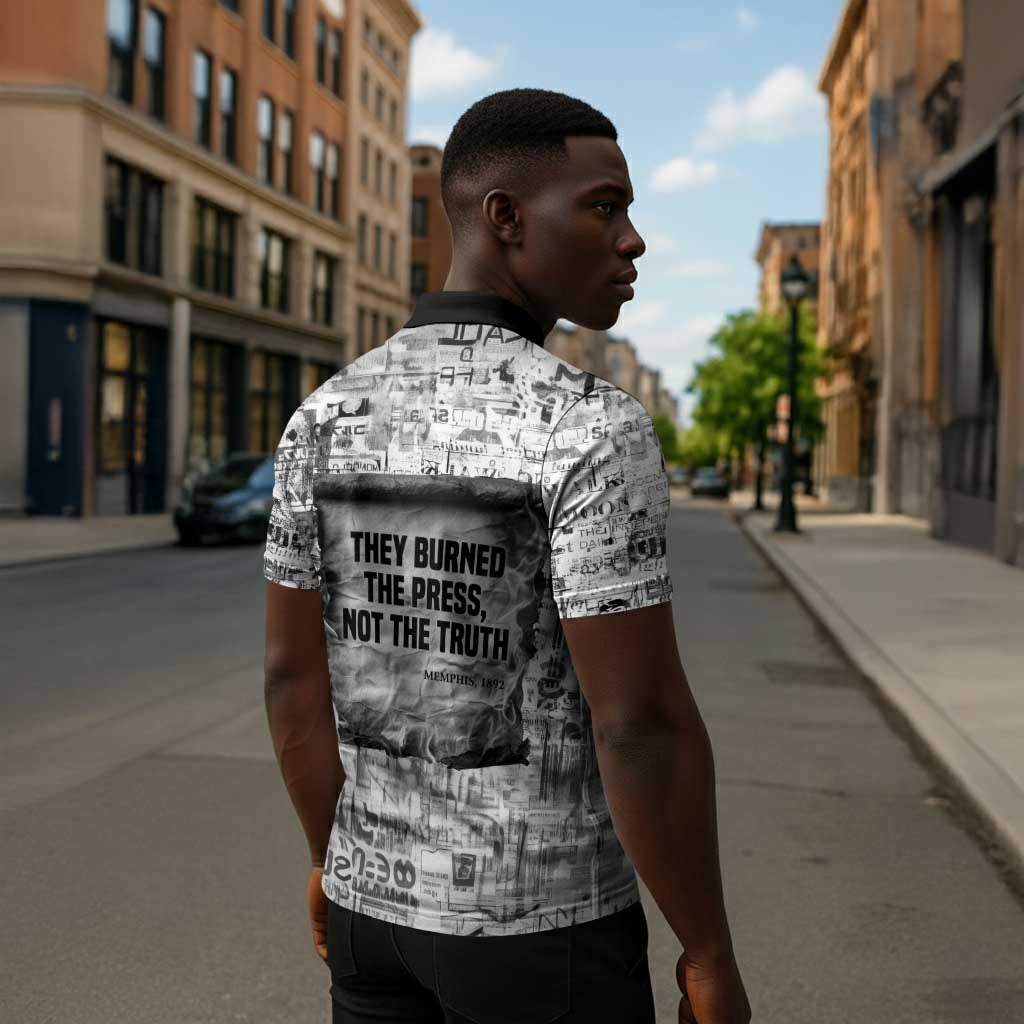 Ida B. Wells Zipper Polo Shirt with Newspaper Collage Design Powerful Portrait Civil Rights and Free Press Tribute - Wonder Print Shop