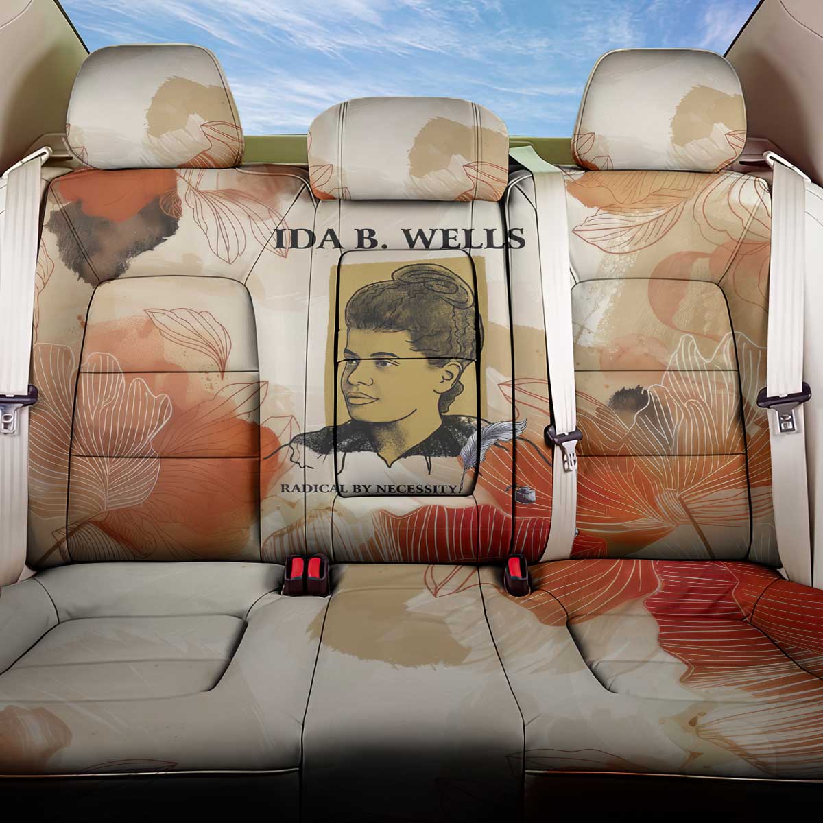 Ida B. Wells Back Car Seat Cover with Floral Pen Design Illustrated Portrait Civil Rights and Journalism Tribute - Wonder Print Shop