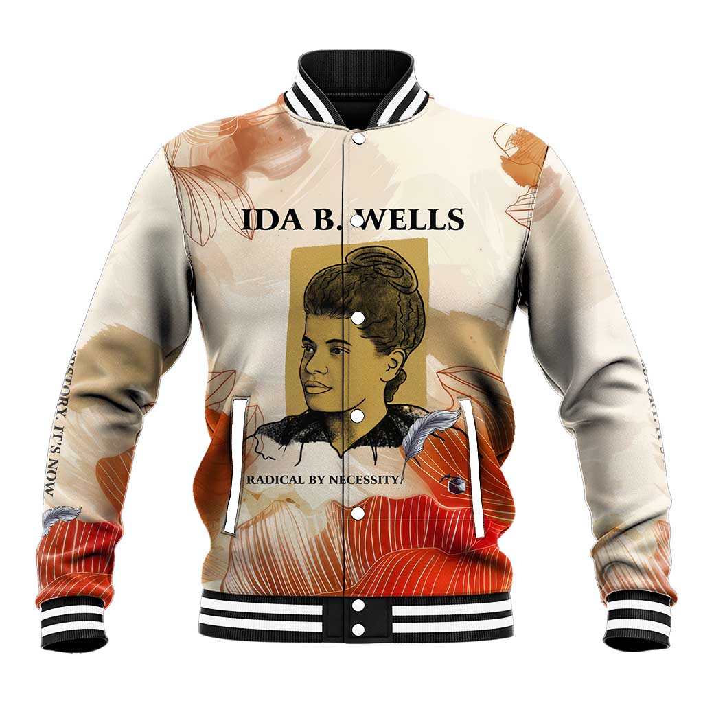 Ida B. Wells Baseball Jacket with Floral Pen Design Illustrated Portrait Civil Rights and Journalism Tribute - Wonder Print Shop